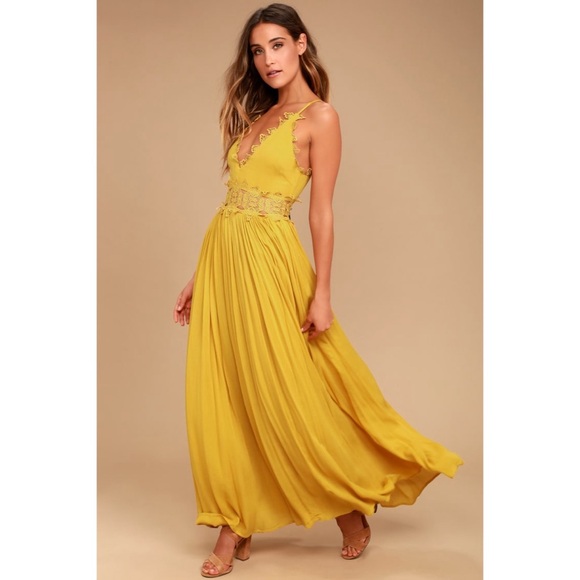 Lulus Dresses & Skirts - Lulus Size Small This is Love Mustard Yellow Lace Maxi Long Dress Gown Wedding